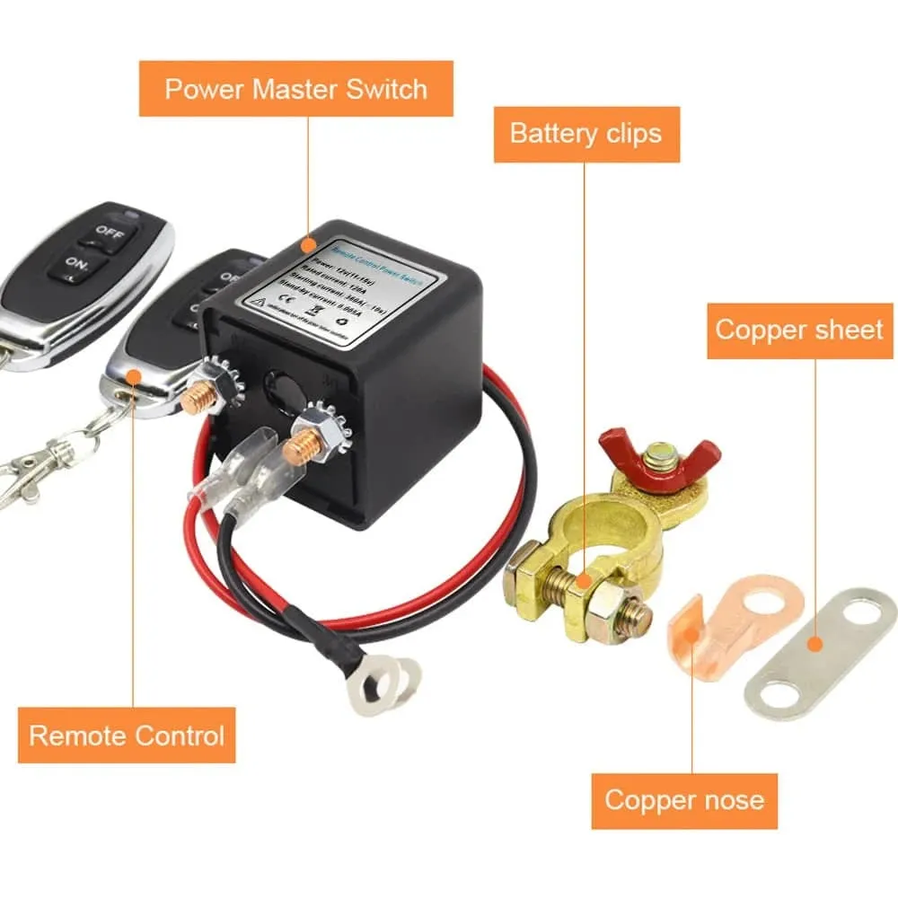 12V Car Battery Relay Wireless Remote Battery Disconnect Switch Isolator Power Cut Master Switch with 2 Remote Controllers