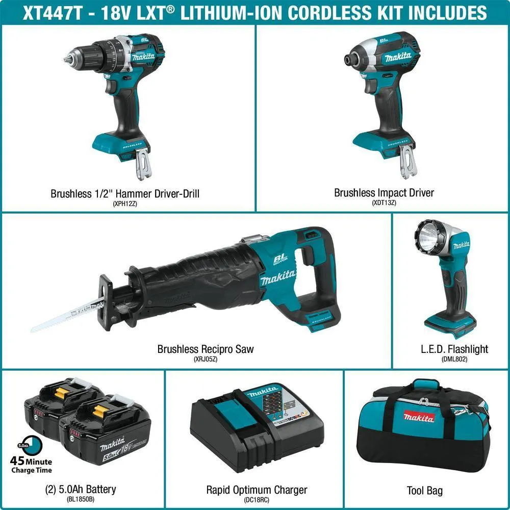 18-Volt 4-Piece 5.0Ah LXT Lithium-Ion Brushless Cordless Combo Kit Hammer Drill/ Impact Driver/ Recipro Saw/ Flashlight