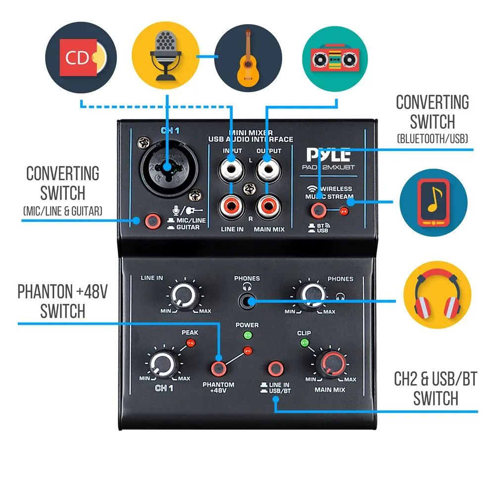 2-Channel Wireless Bt Streaming Mini Audio Mixer - Compact Dj Mixer With Usb Audio Interface ( 48V Dc Phantom Power)