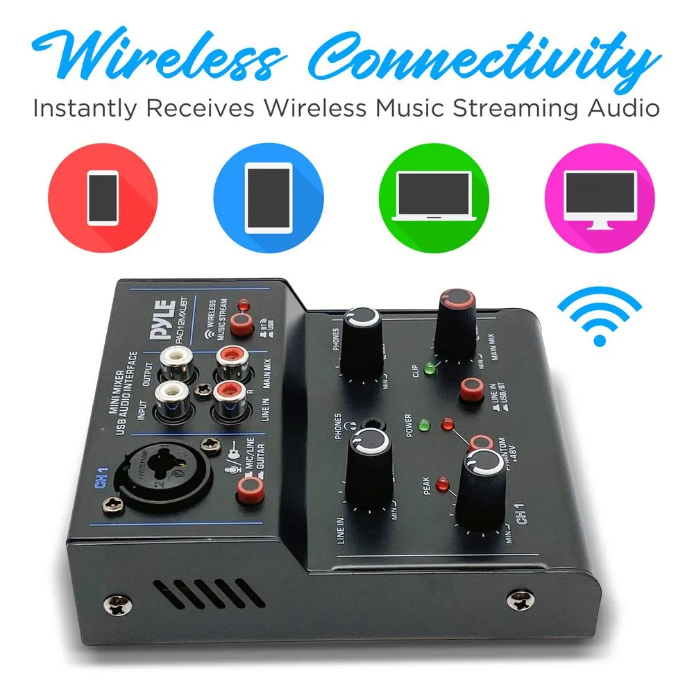 2-Channel Wireless Bt Streaming Mini Audio Mixer - Compact Dj Mixer With Usb Audio Interface ( 48V Dc Phantom Power)