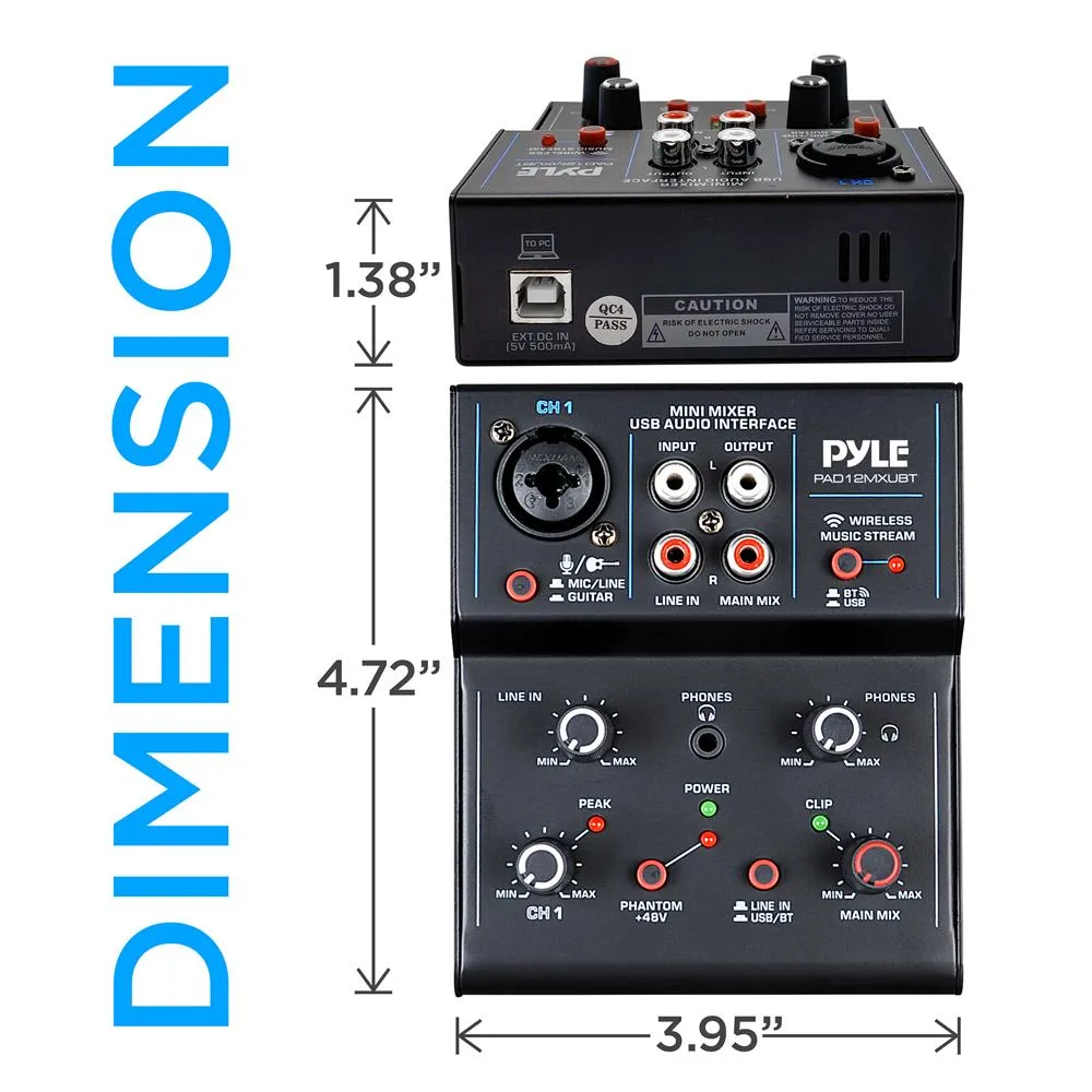 2-Channel Wireless Bt Streaming Mini Audio Mixer - Compact Dj Mixer With Usb Audio Interface ( 48V Dc Phantom Power)