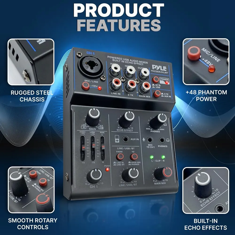 3-Channel Wireless Bt Streaming Mini Audio Mixer - 1 Mono   2 Stereo (Line In & 2-Tk) Inputs, Compact Dj Mixer With Usb Audio Interface ( 48V Dc Phantom Power)