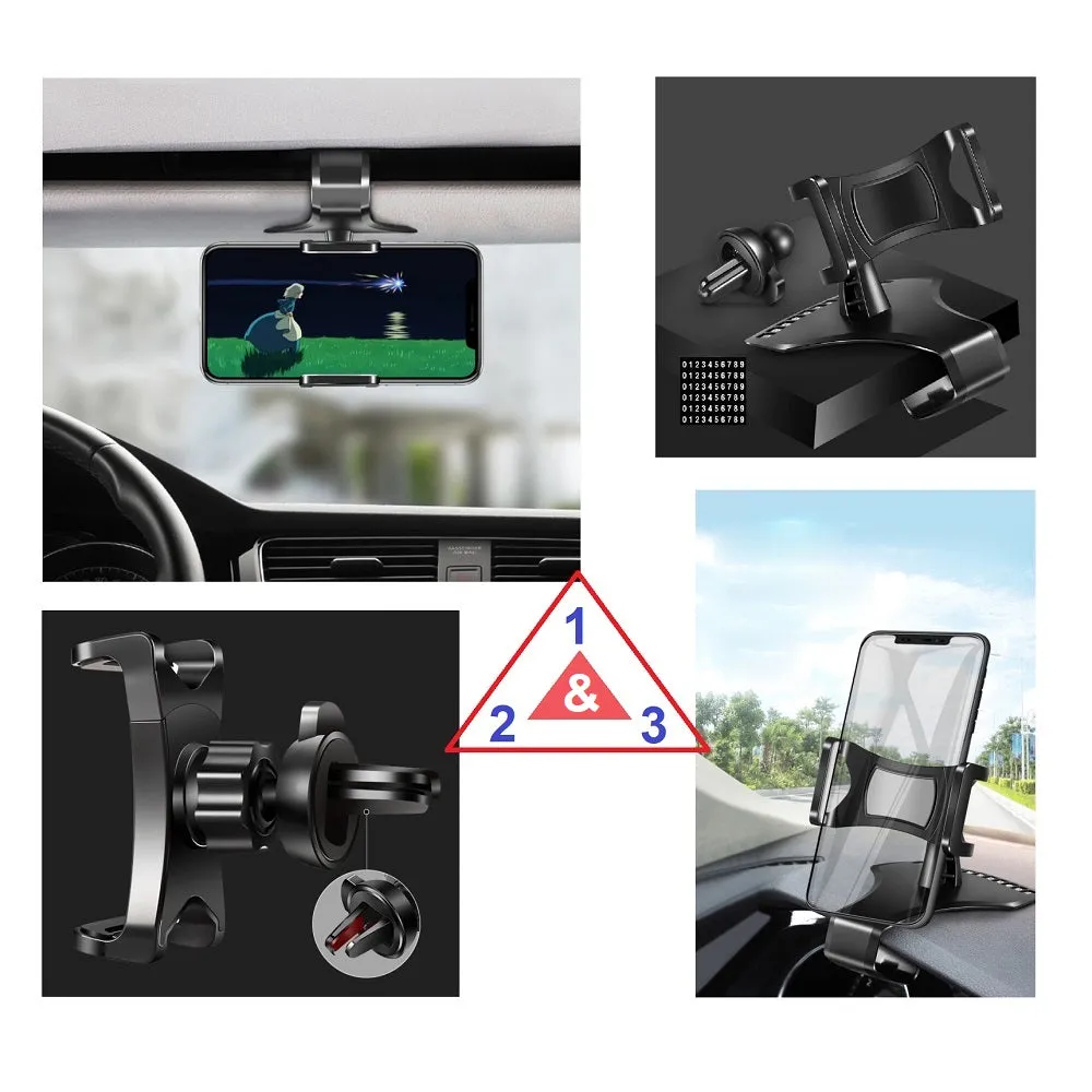 3 in 1 Car GPS Smartphone Holder: Dashboard / Visor Clamp   AC Grid Clip for Yezz Andy 5.5T Dual VR (2016) - Black