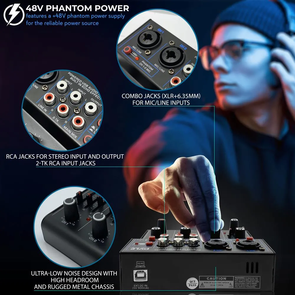 4-Channel Wireless Bt Streaming Mini Audio Mixer - 2 Mono   2 Stereo (Line In & 2-Tk) Inputs, Compact Dj Mixer With Usb Audio Interface ( 48V Dc Phantom Power)