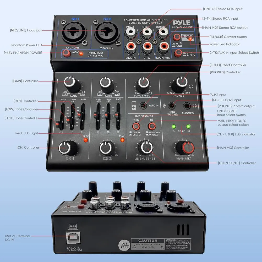 4-Channel Wireless Bt Streaming Mini Audio Mixer - 2 Mono   2 Stereo (Line In & 2-Tk) Inputs, Compact Dj Mixer With Usb Audio Interface ( 48V Dc Phantom Power)