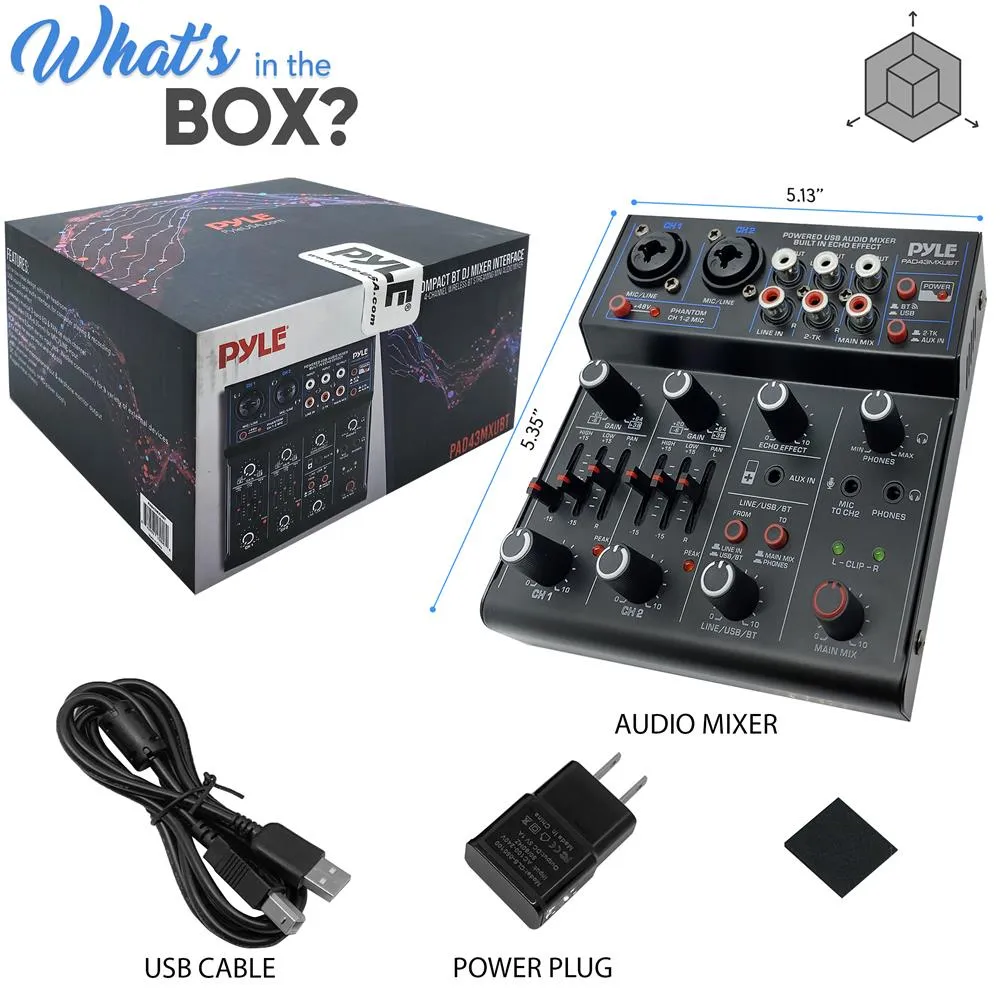 4-Channel Wireless Bt Streaming Mini Audio Mixer - 2 Mono   2 Stereo (Line In & 2-Tk) Inputs, Compact Dj Mixer With Usb Audio Interface ( 48V Dc Phantom Power)
