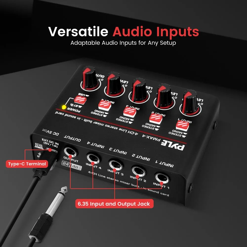 4-Channel Wireless Bt Streaming Mini Line Mixer With Usb Audio Interface - 4 Mono/Stereo Switching Inputs