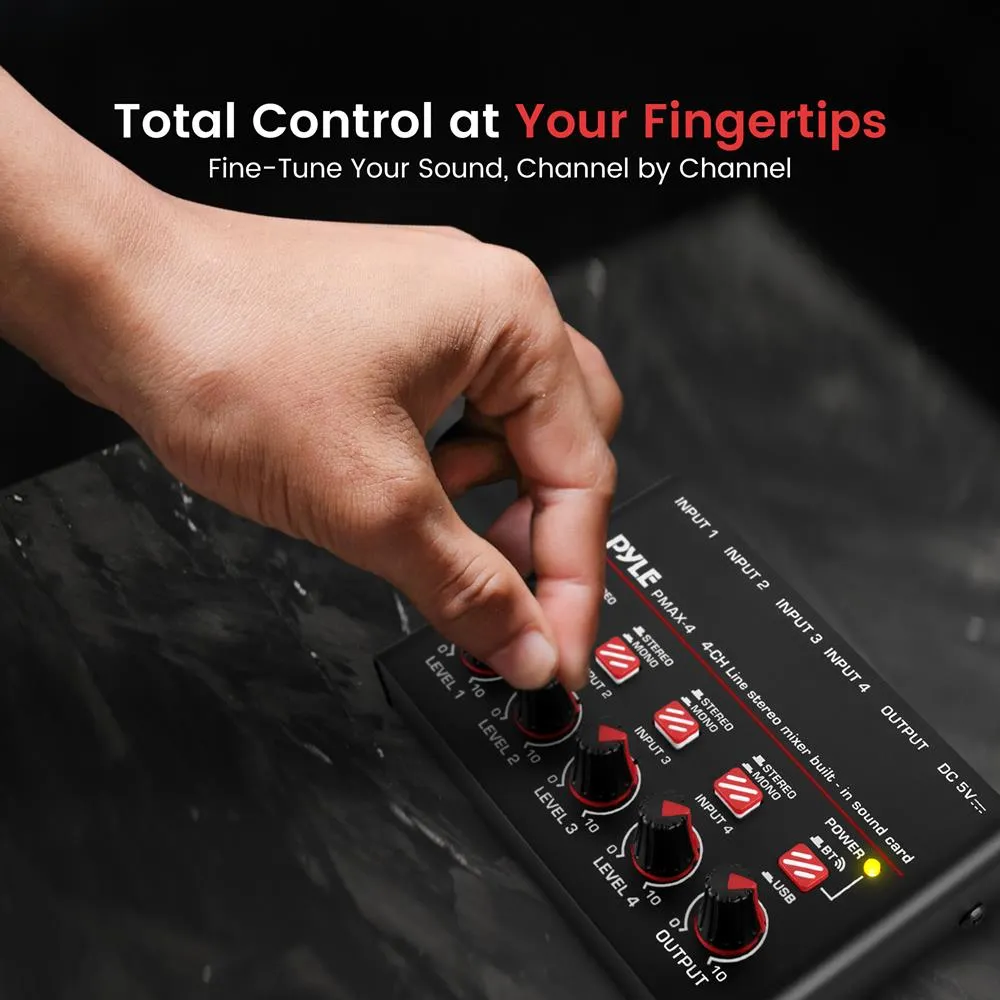 4-Channel Wireless Bt Streaming Mini Line Mixer With Usb Audio Interface - 4 Mono/Stereo Switching Inputs