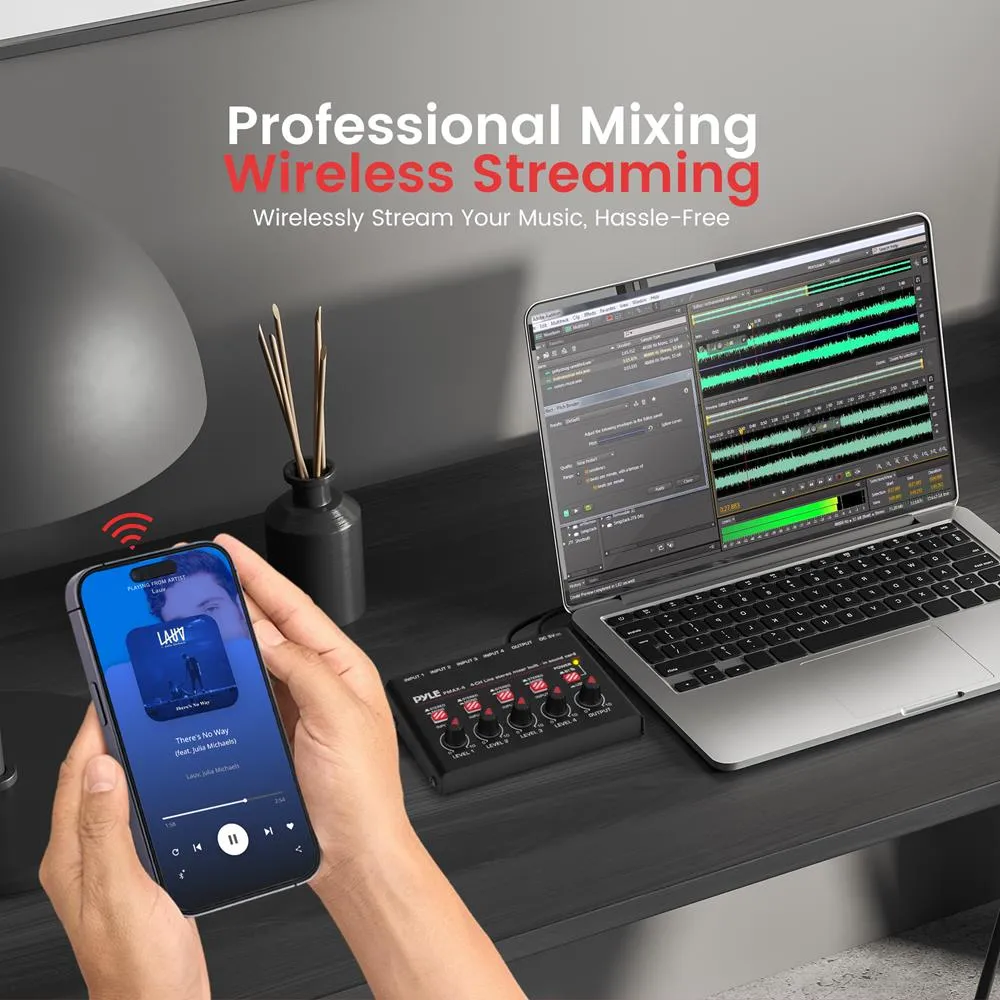 4-Channel Wireless Bt Streaming Mini Line Mixer With Usb Audio Interface - 4 Mono/Stereo Switching Inputs