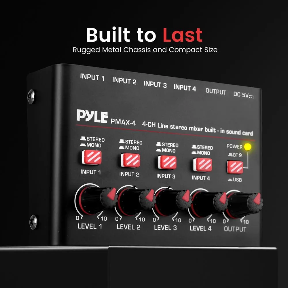 4-Channel Wireless Bt Streaming Mini Line Mixer With Usb Audio Interface - 4 Mono/Stereo Switching Inputs
