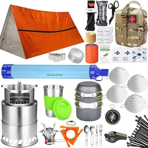 72-Hour Survival Kit | 45L Bug Out Bag | Survival Gear with First Aid, Water Filter, Food, Tools | Camping, Hiking, Outdoor Preparedness Equipment (1 Person (Lone Wolf Kit))
