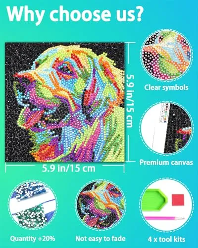 AyuqEjus Diamond Art Kits for Kids,4 Pack Diamond Art for Kids, Arts & Crafts for Kids Ages 8-12,Gem Art Painting 6" X 6" (4 Dog)