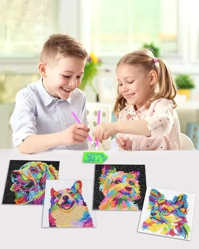 AyuqEjus Diamond Art Kits for Kids,4 Pack Diamond Art for Kids, Arts & Crafts for Kids Ages 8-12,Gem Art Painting 6" X 6" (4 Dog)