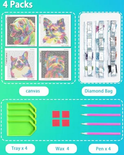 AyuqEjus Diamond Art Kits for Kids,4 Pack Diamond Art for Kids, Arts & Crafts for Kids Ages 8-12,Gem Art Painting 6" X 6" (4 Dog)
