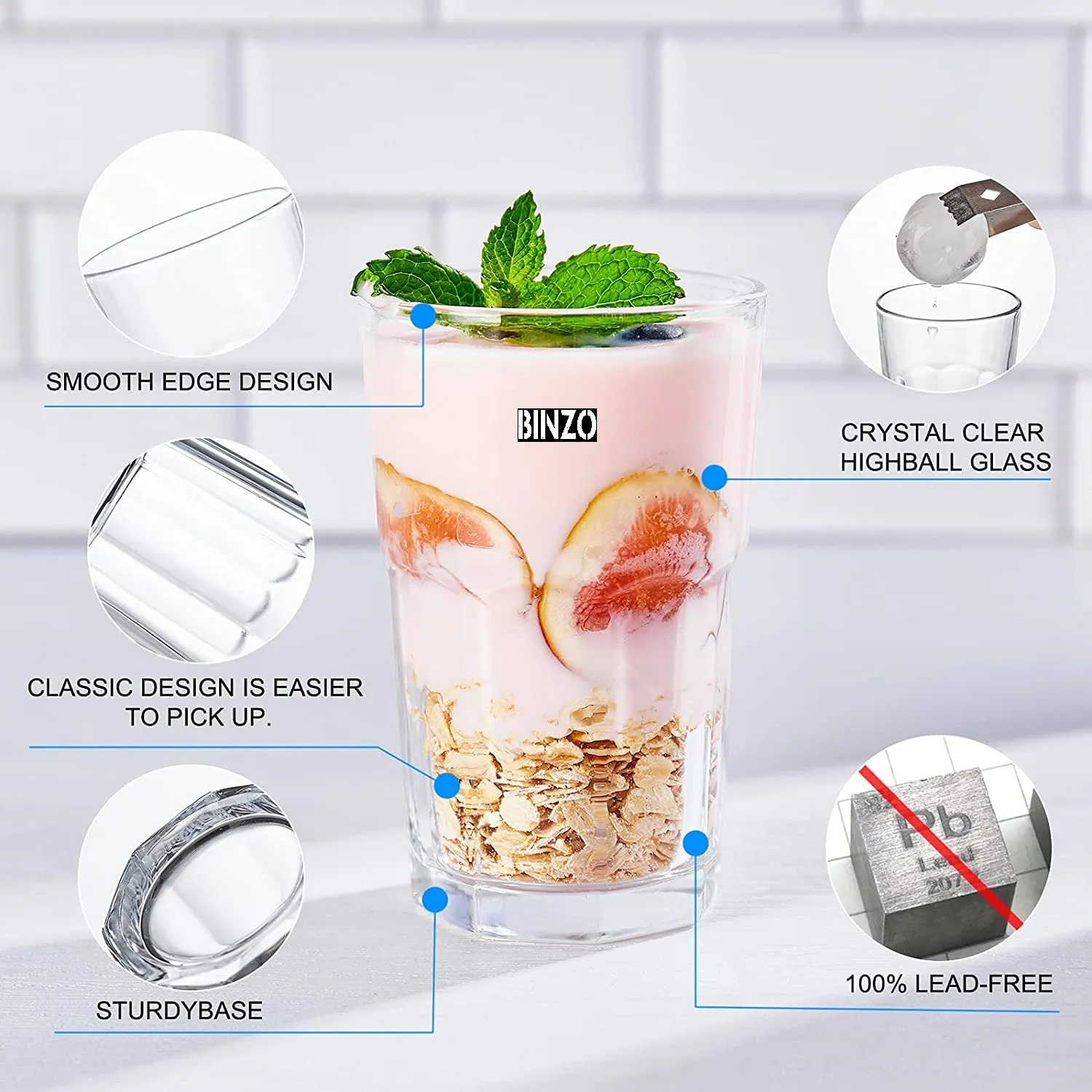 BINZO Stackable Dishwasher and Microwave Safe Tall Water Juice Drinking Durable Stackable Glass Tumbler Set (300ml) -Set of 6