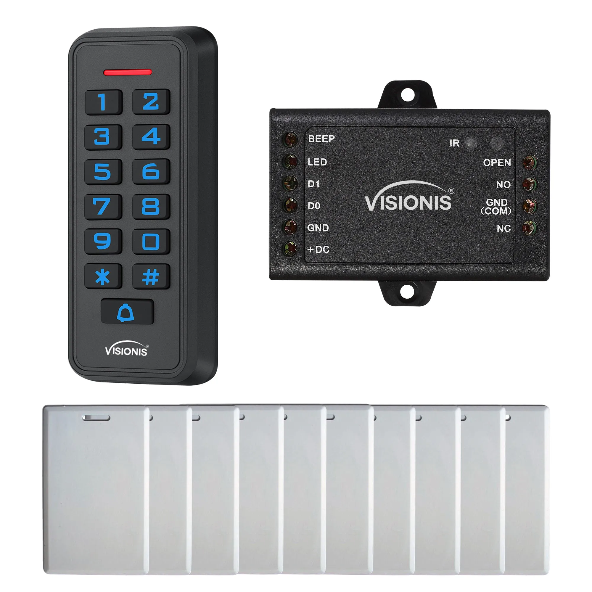FPC-6421 Visionis VIS-3008 Access Control Outdoor IP68 Weatherproof Card Reader And Keypad Standalone With Mini Controller   Wiegand 26, No Software, EM Cards, 1000 Users   10 Pack Of Proximity Cards
