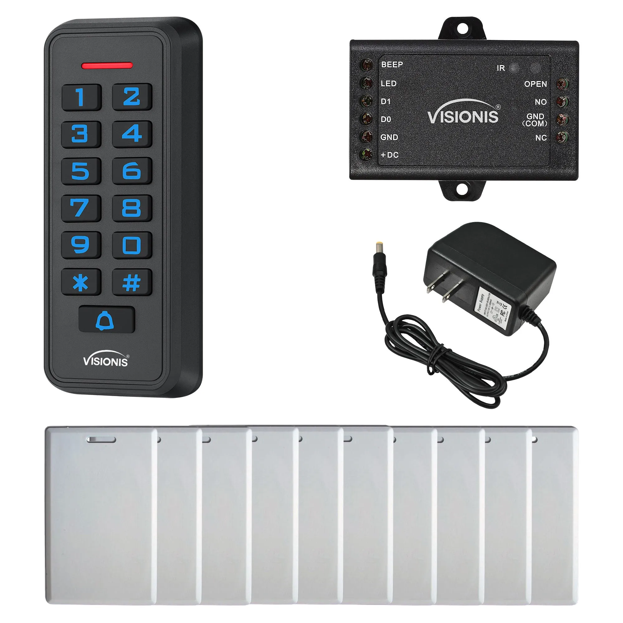 FPC-6423 VIS-3008 Access Control Black Outdoor IP68 Keypad And Card Reader Standalone With Mini Controller   Wiegand 26, No Software, EM Cards, 1000 Users   Power Supply   Pack Of 10 Proximity Cards
