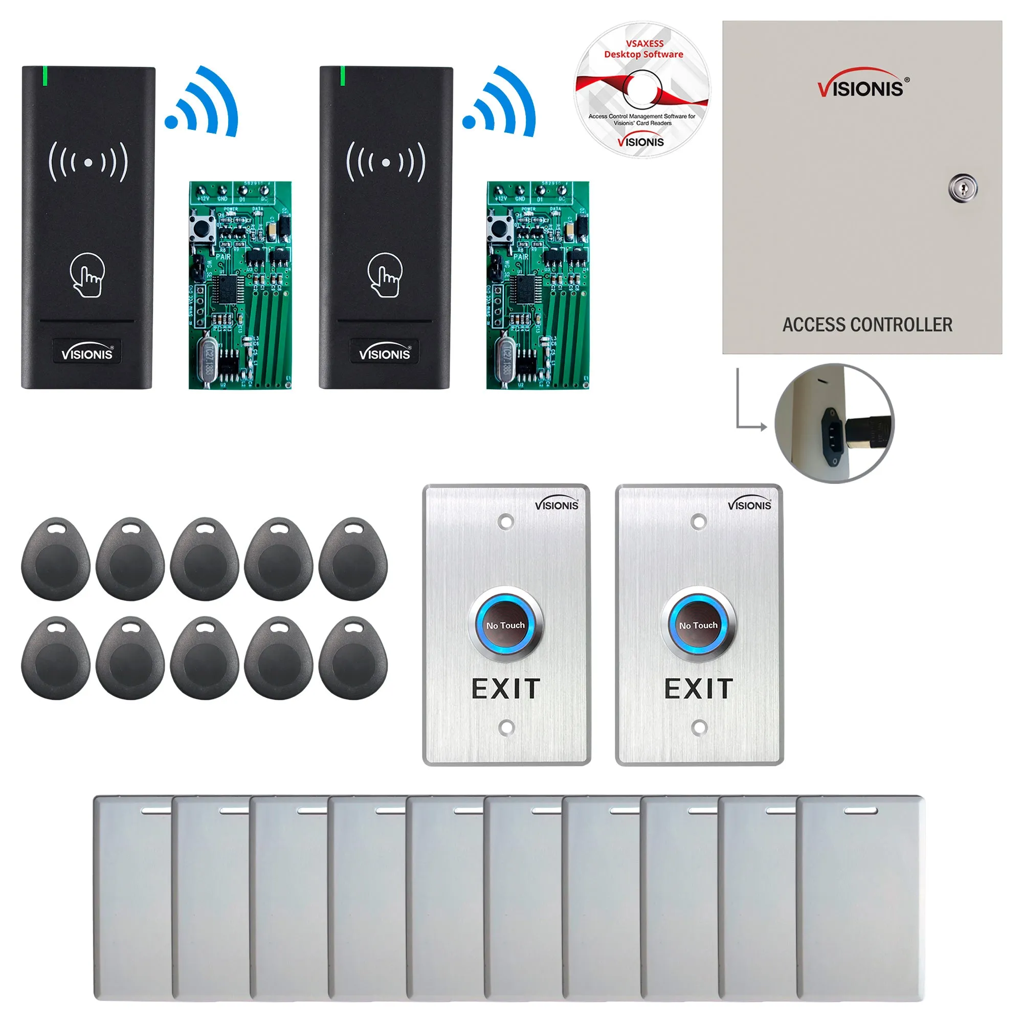 FPC-8962 Two Door Access Control Time Attendance TCP/IP RS485 Wiegand Controller Box   Power Supply Included   Wireless Card Reader   Wireless Receiver PCB   Computer Based Software Included Kit