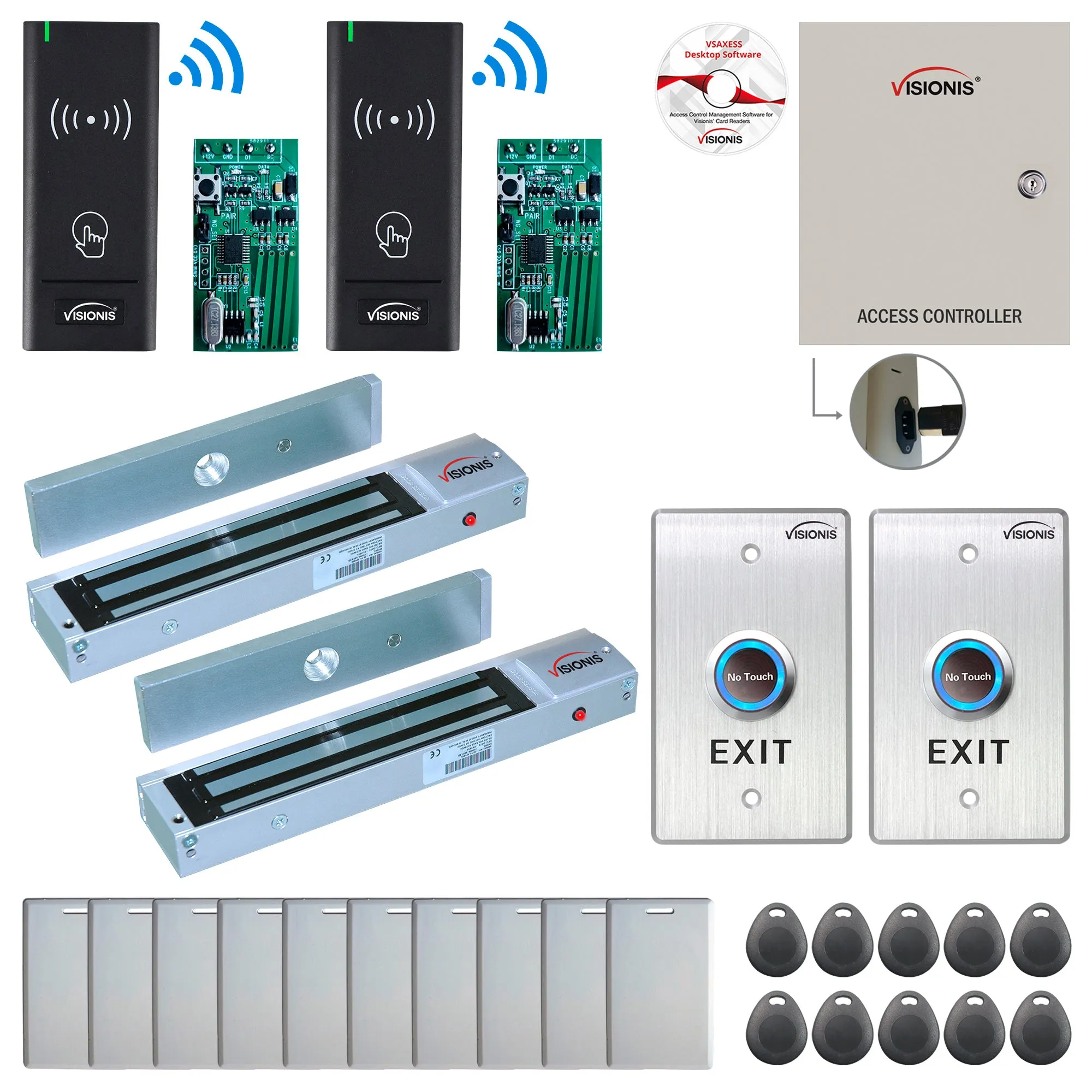 FPC-8964 2 Door Access Control Time Attendance TCP/IP RS485 Wiegand Controller Box   Out Swinging Door 600lbs Maglock   Wireless Card Reader   Wireless Receiver PCB   Computer Based Software Included