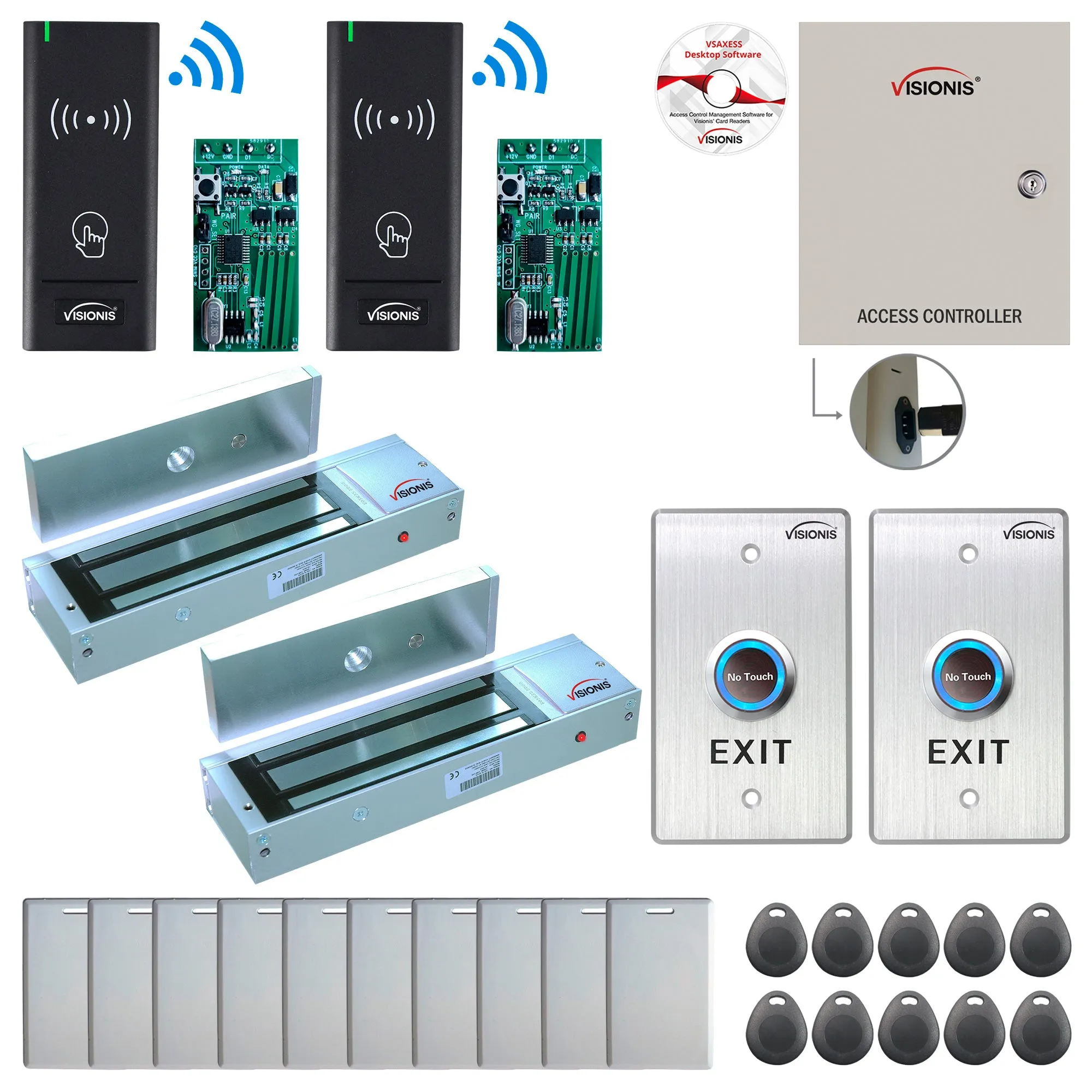FPC-8965 2 Door Access Control Time Attendance TCP/IP RS485 Wiegand Controller Box   Out Swinging Door 1200lb Maglock   Wireless Card Reader   Wireless Receiver PCB   Computer Based Software Included