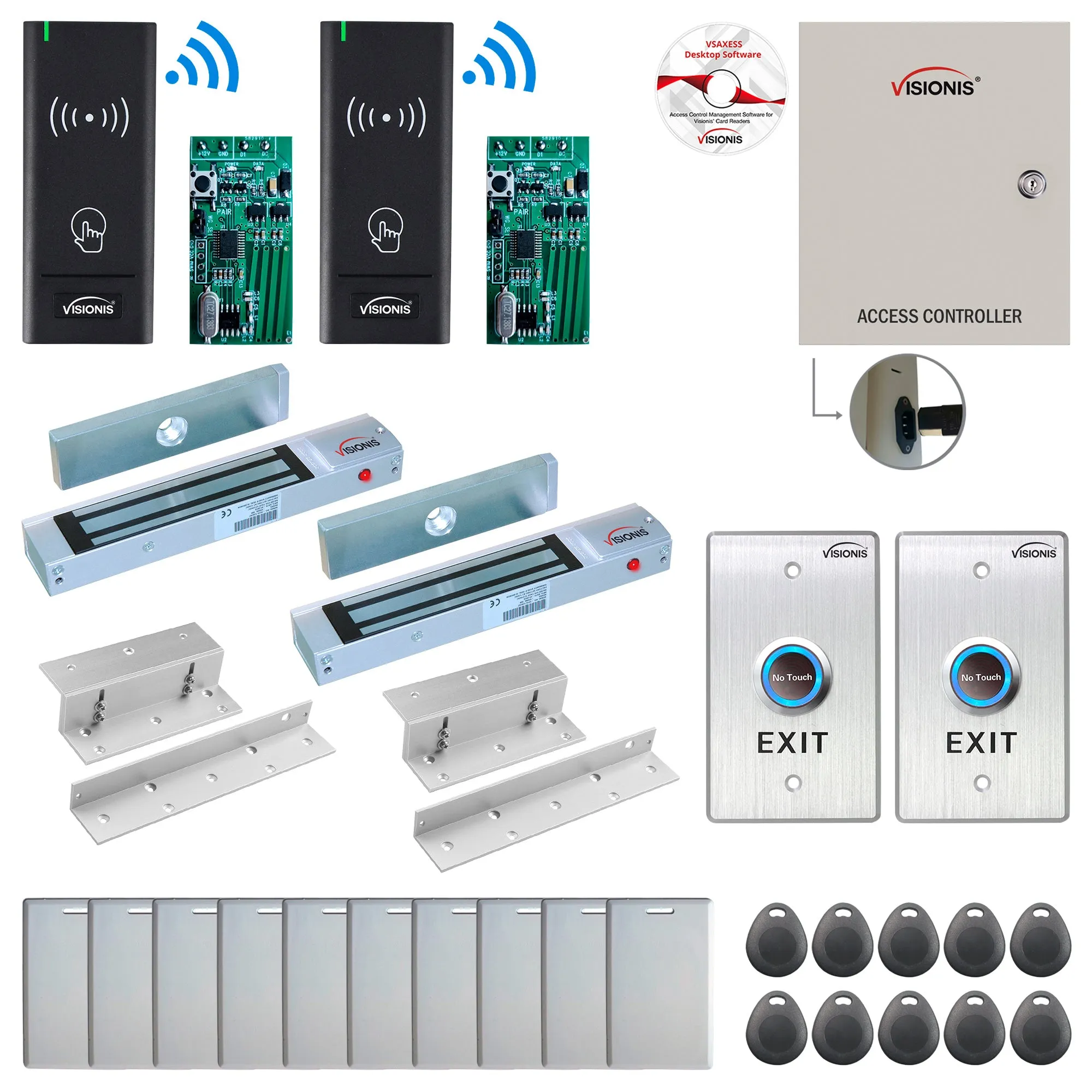 FPC-8966 2 Door Access Control Time Attendance TCP/IP RS485 Wiegand Controller Box   In Swinging Door 300lbs Maglock   Wireless Card Reader   Wireless Receiver PCB   Computer Based Software Included