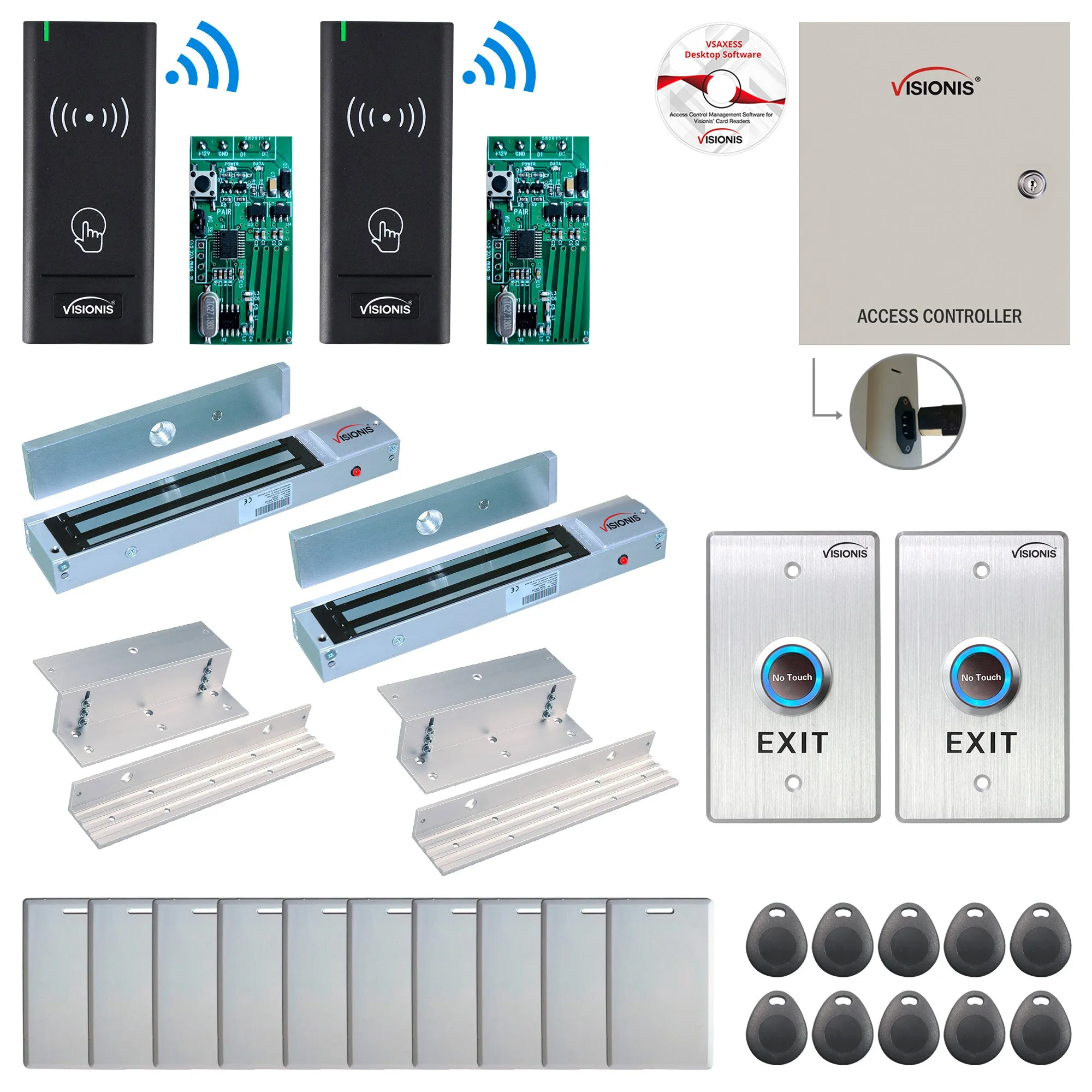 FPC-8967 2 Door Access Control Time Attendance TCP/IP RS485 Wiegand Controller Box   In Swinging Door 600lbs Maglock   Wireless Card Reader   Wireless Receiver PCB   Computer Based Software Included