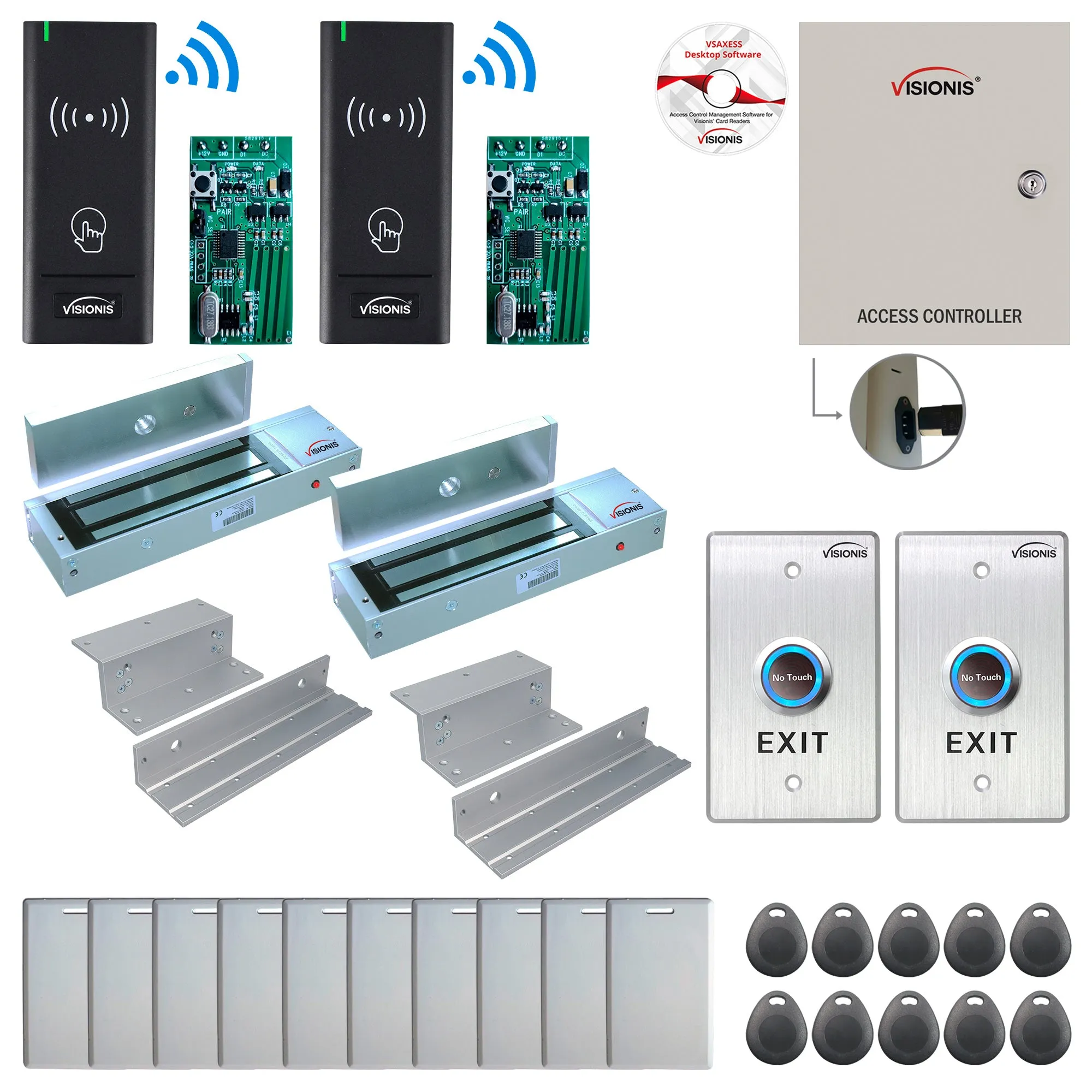 FPC-8968 2 Door Access Control Time Attendance TCP/IP RS485 Wiegand Controller Box   In Swinging Door 1200lb Maglock   Wireless Card Reader   Wireless Receiver PCB   Computer Based Software Included