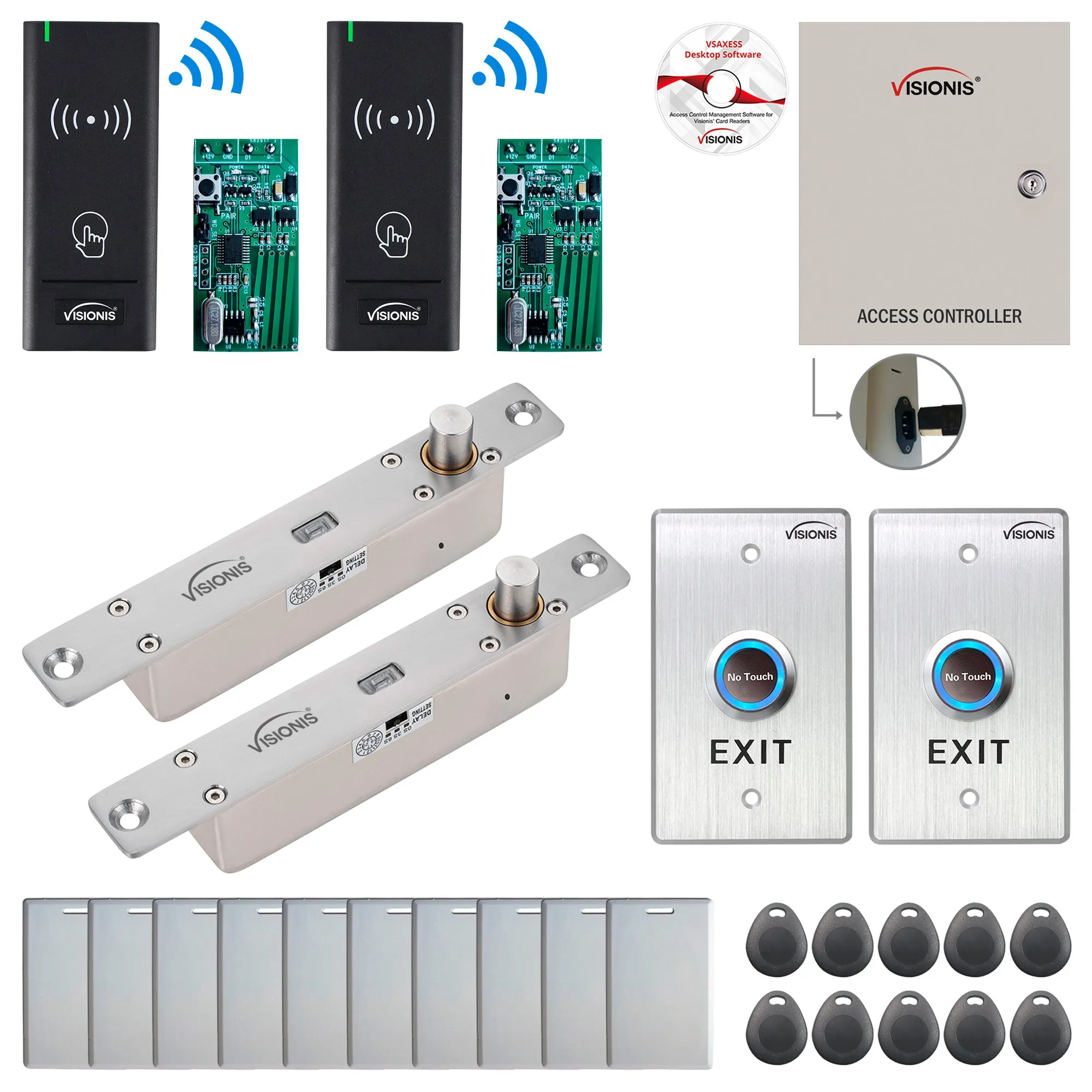 FPC-8970 2 Door Access Control Time Attendance TCP/IP RS485 Wiegand Controller Box   Electric Drop Bolt with Time Delay Fail Secure   Wireless Card Reader   Wireless Receiver PCB   Software Included