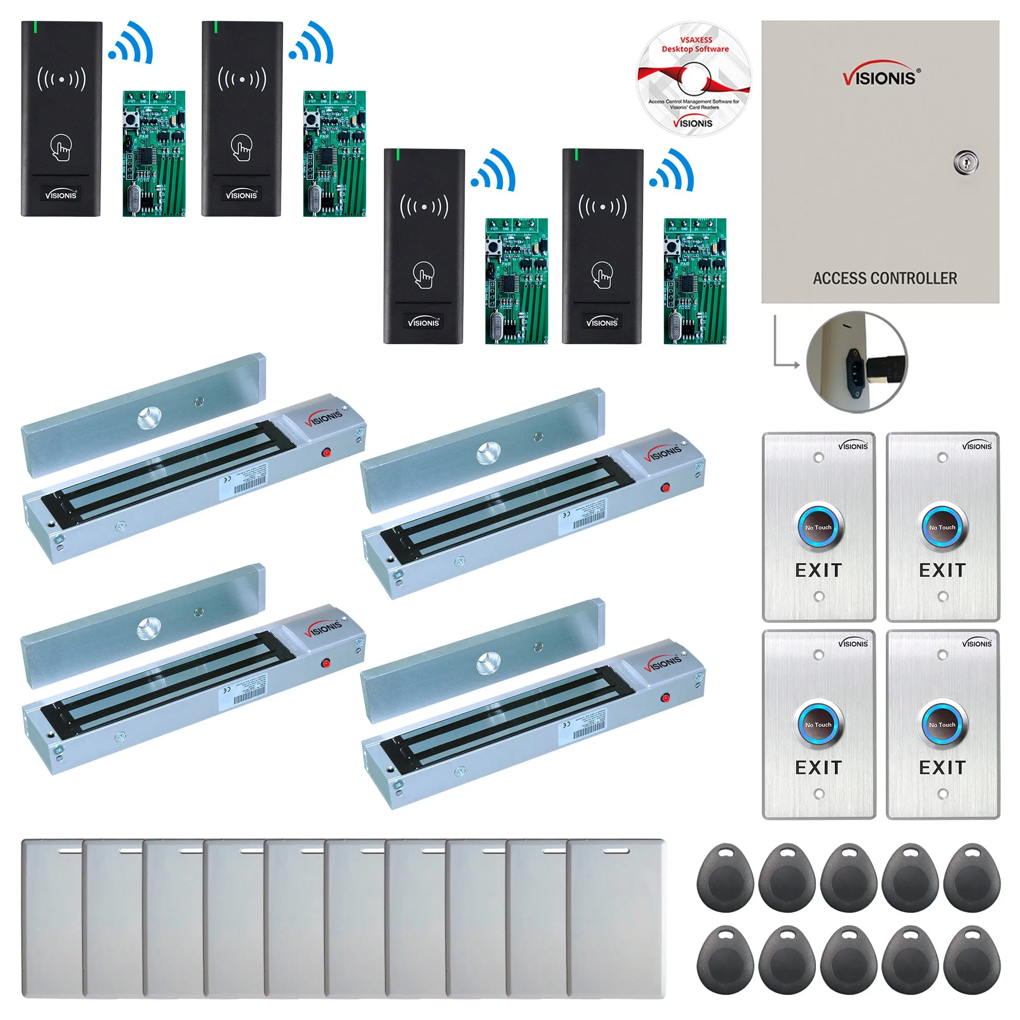 FPC-8997 4 Door Access Control Time Attendance TCP/IP RS485 Wiegand Controller Box   Out Swinging Door 600lbs Maglock   Wireless Card Reader   Wireless Receiver PCB   Computer Based Software Included