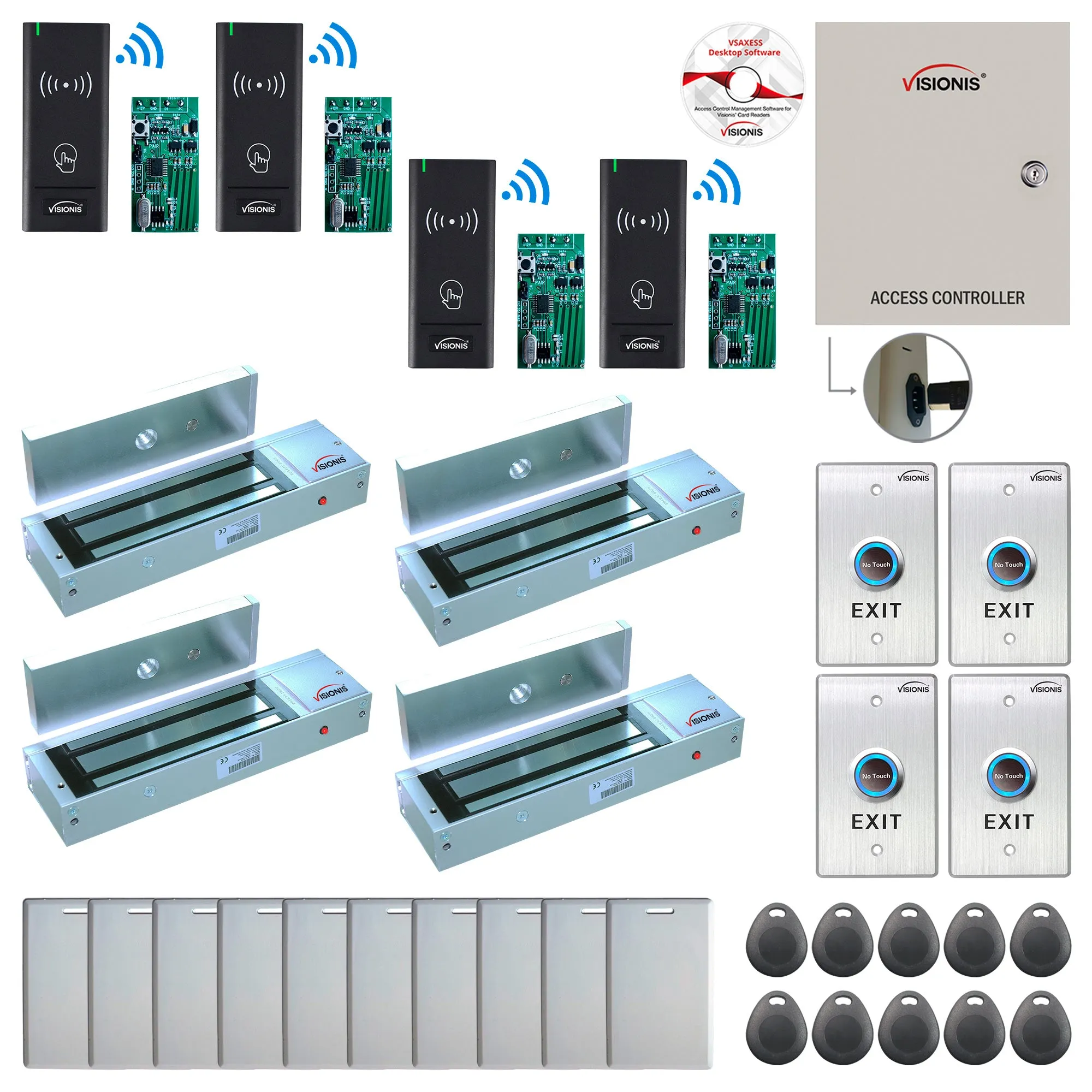 FPC-8998 4 Door Access Control Time Attendance TCP/IP RS485 Wiegand Controller Box   Out Swinging Door 1200lb Maglock   Wireless Card Reader   Wireless Receiver PCB   Computer Based Software Included