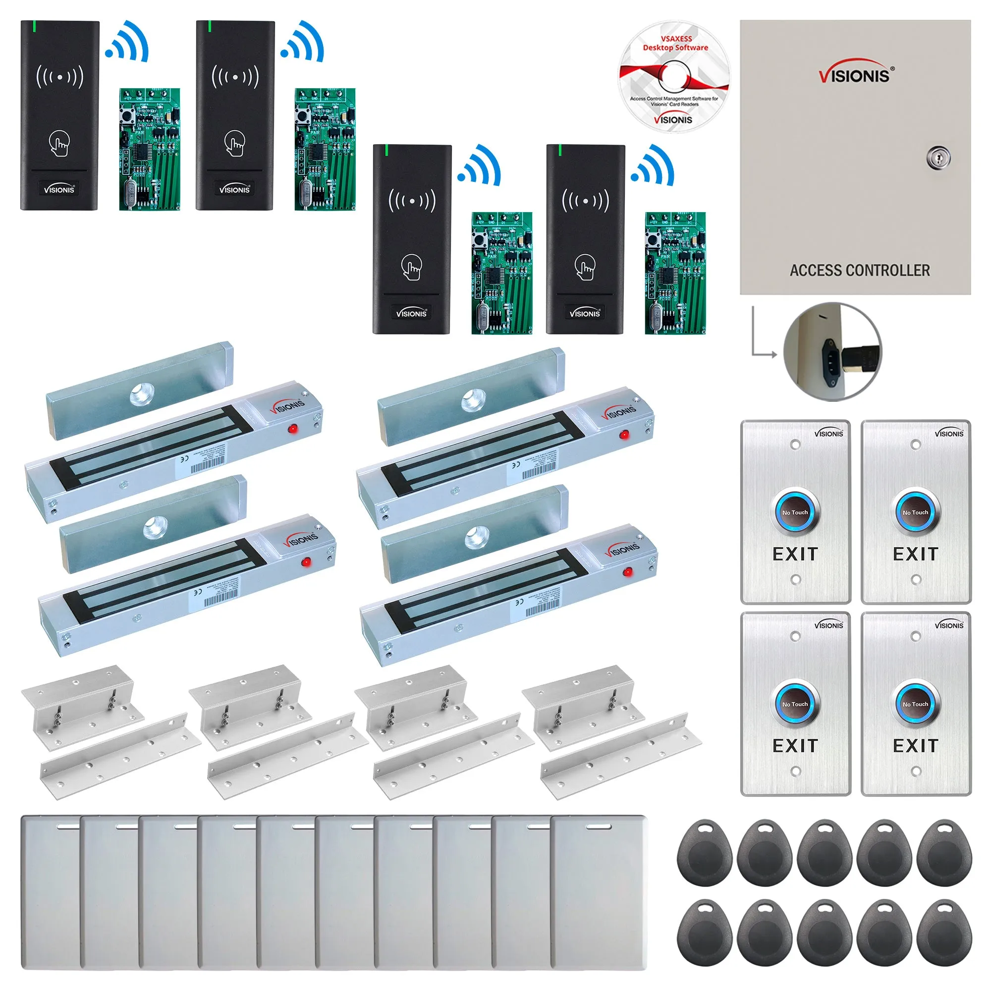 FPC-8999 4 Door Access Control Time Attendance TCP/IP RS485 Wiegand Controller Box   In Swinging Door 300lbs Maglock   Wireless Card Reader   Wireless Receiver PCB   Computer Based Software Included