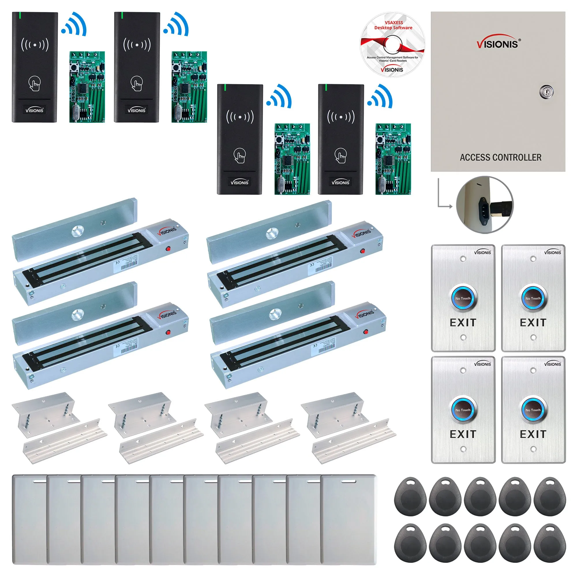 FPC-9000 4 Door Access Control Time Attendance TCP/IP RS485 Wiegand Controller Box   In Swinging Door 600lbs Maglock   Wireless Card Reader   Wireless Receiver PCB   Computer Based Software Included