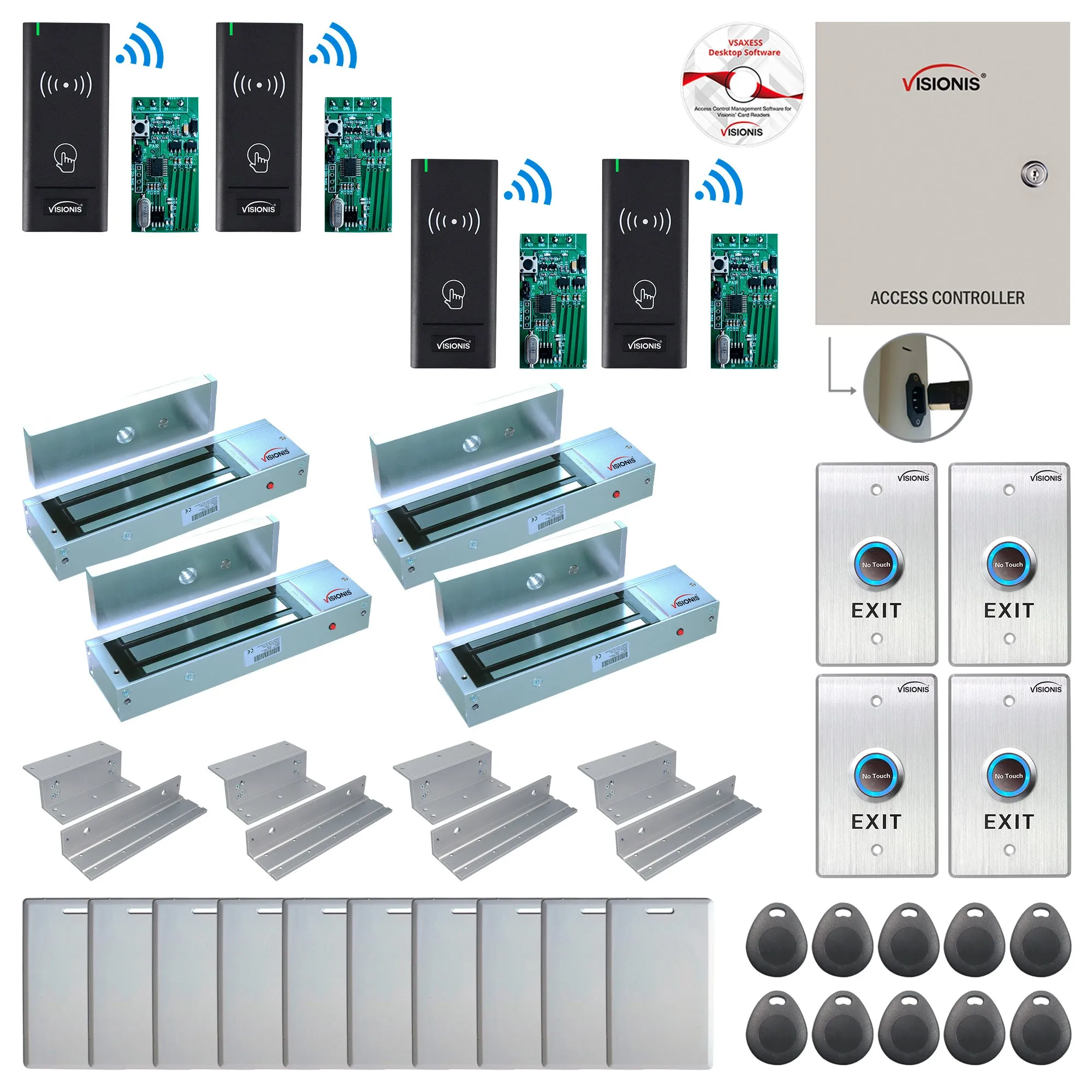 FPC-9001 4 Door Access Control Time Attendance TCP/IP RS485 Wiegand Controller Box   In Swinging Door 1200lb Maglock   Wireless Card Reader   Wireless Receiver PCB   Computer Based Software Included