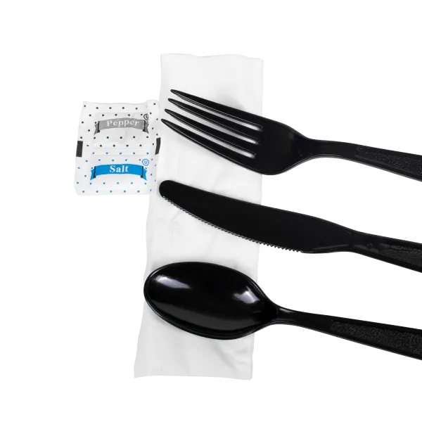 Karat PS Plastic Heavy Weight Cutlery Kits with Salt and Pepper, Black - 250 kits