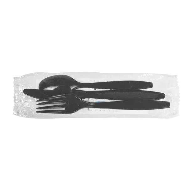 Karat PS Plastic Heavy Weight Cutlery Kits with Salt and Pepper, Black - 250 kits