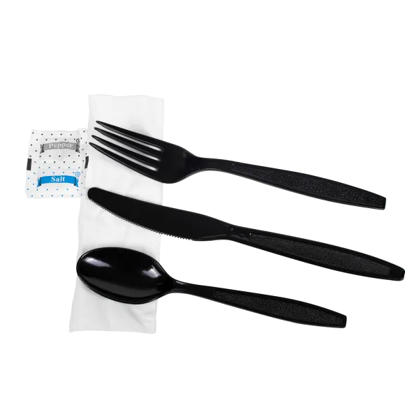 Karat PS Plastic Heavy Weight Cutlery Kits with Salt and Pepper, Black - 250 kits