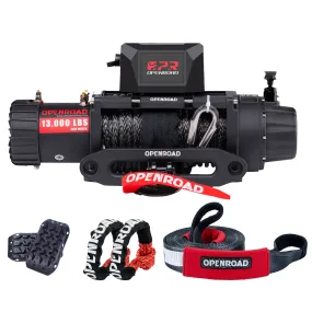 OPENROAD 13,000 lbs Winch with Synthetic Rope and 2 Wireless Remote Controllers - Panther Series 2s 5 Generation Off-road Recovery Traction Boards (2pcs) | Red Nylon Heavy Duty Tow Strap Recovery Strap Synthetic SoftShackle Rope