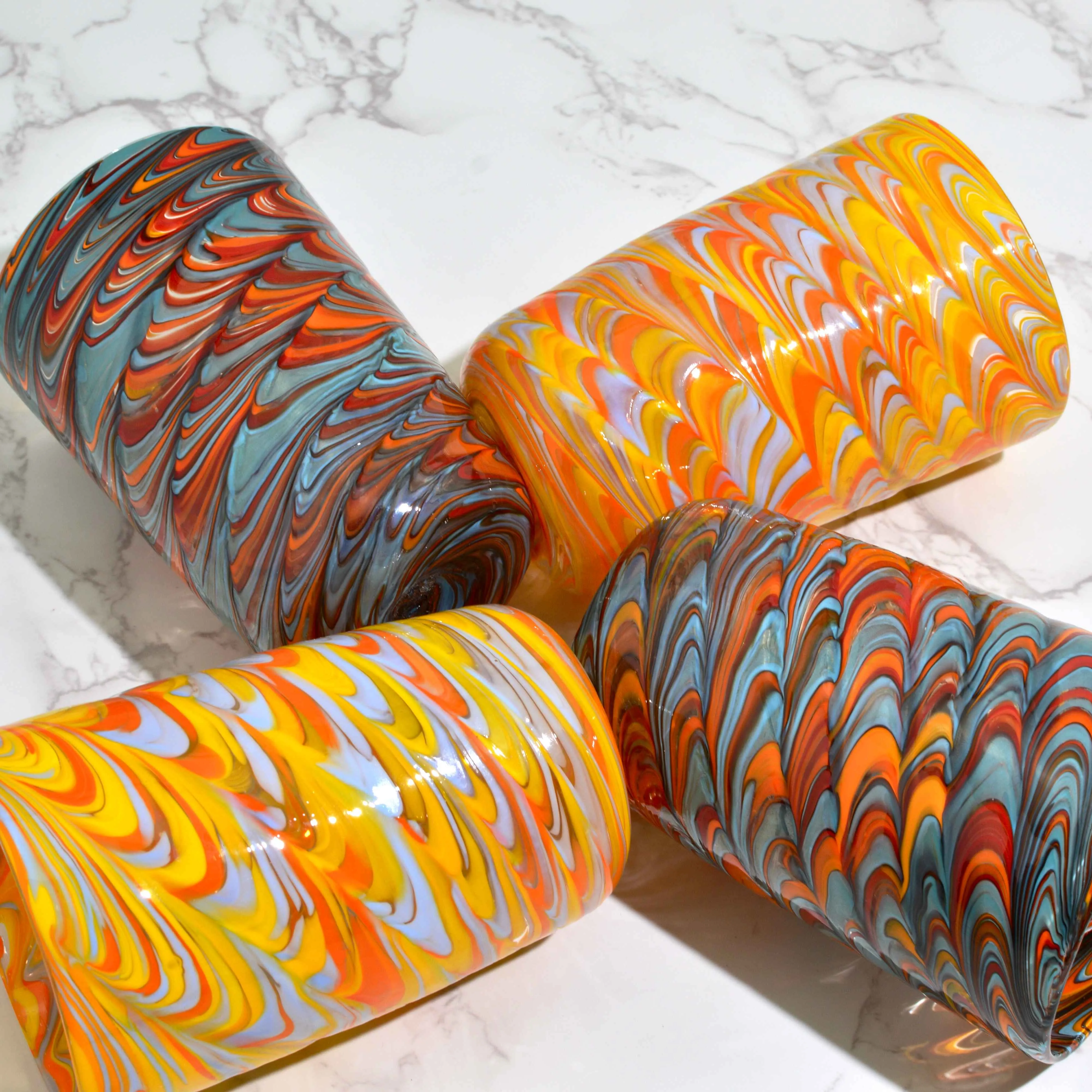 Pavone Murano Glass Tumbler, Orange Marbled Glass