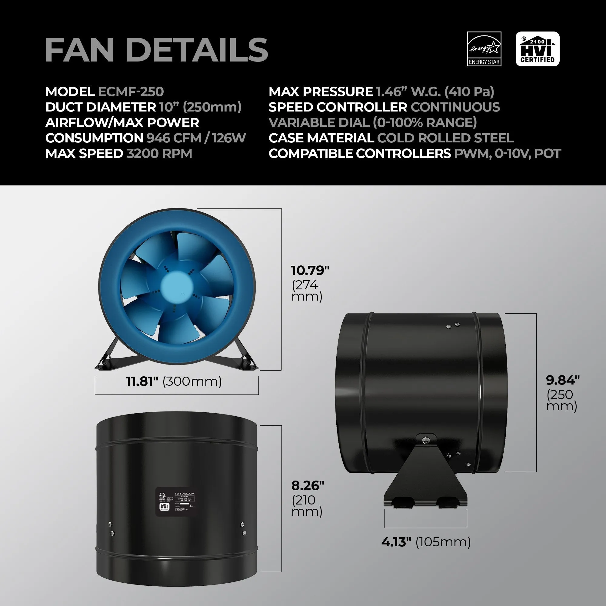 TerraBloom 10" EC Duct Fan with Remote Speed Controlled, 946 CFM, 126W
