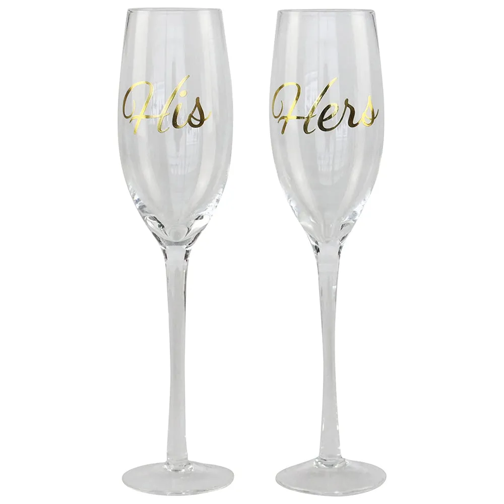 Top Shelf Decorative Gold His and Hers Champagne Glasses, Bride and Groom Champagne Flutes