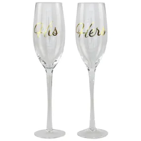 Top Shelf Decorative Gold His and Hers Champagne Glasses, Bride and Groom Champagne Flutes