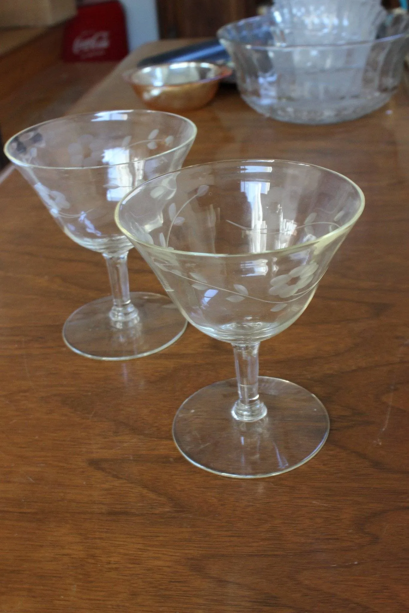 Vintage Cut Glass Cocktail or Champagne Glasses, Pair
