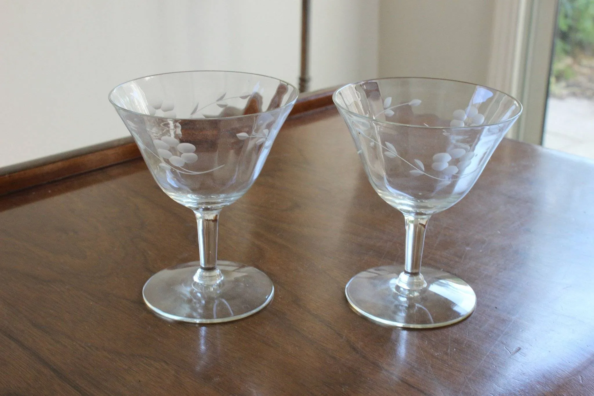 Vintage Cut Glass Cocktail or Champagne Glasses, Pair