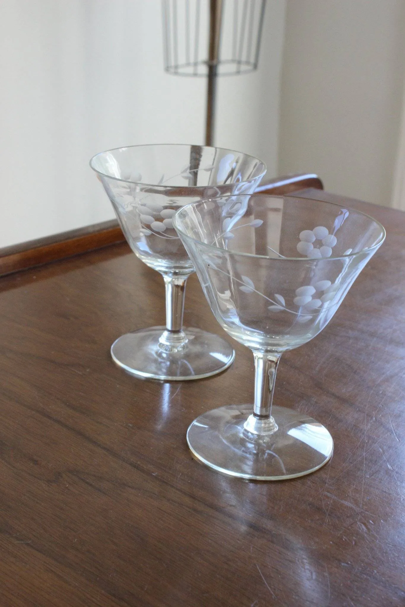 Vintage Cut Glass Cocktail or Champagne Glasses, Pair